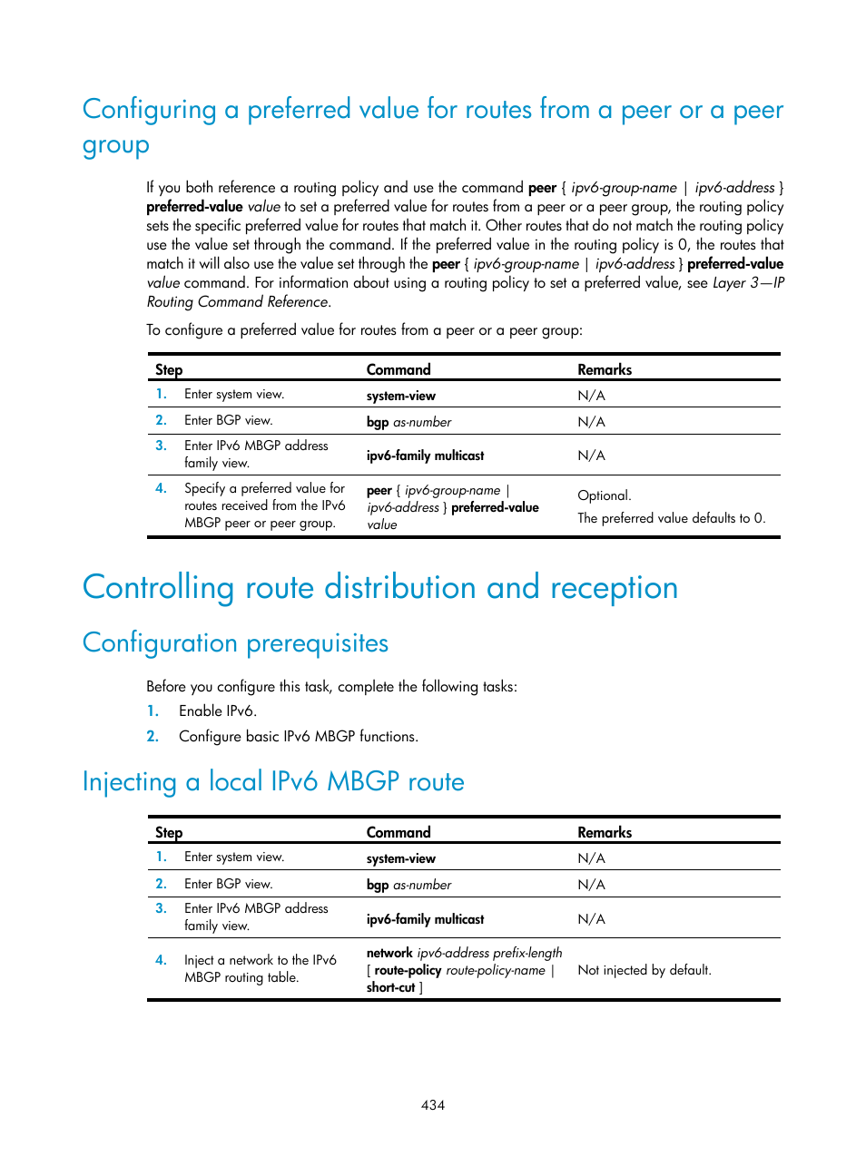 Controlling route distribution and reception, Configuration prerequisites, Injecting a local ipv6 mbgp route | H3C Technologies H3C S12500 Series Switches User Manual | Page 450 / 468