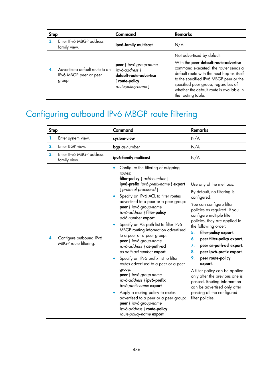 Configuring outbound ipv6 mbgp route filtering | H3C Technologies H3C S12500 Series Switches User Manual | Page 452 / 468