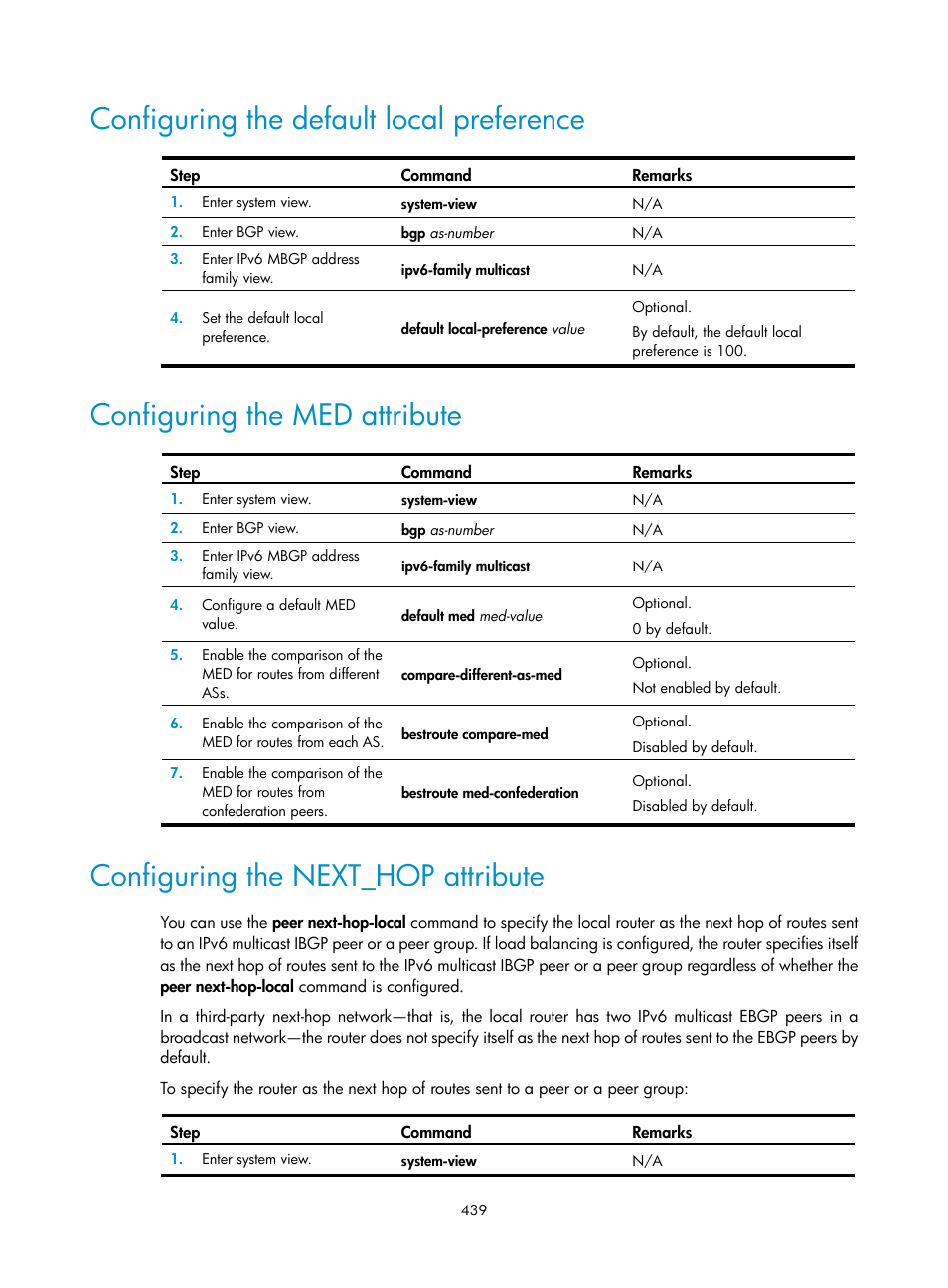Configuring the default local preference, Configuring the med attribute, Configuring the next_hop attribute | H3C Technologies H3C S12500 Series Switches User Manual | Page 455 / 468