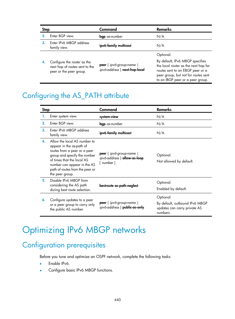 Configuring the as_path attribute, Optimizing ipv6 mbgp networks, Configuration prerequisites | H3C Technologies H3C S12500 Series Switches User Manual | Page 456 / 468