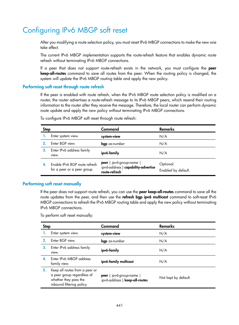 Configuring ipv6 mbgp soft reset, Performing soft reset through route refresh, Performing soft reset manually | H3C Technologies H3C S12500 Series Switches User Manual | Page 457 / 468