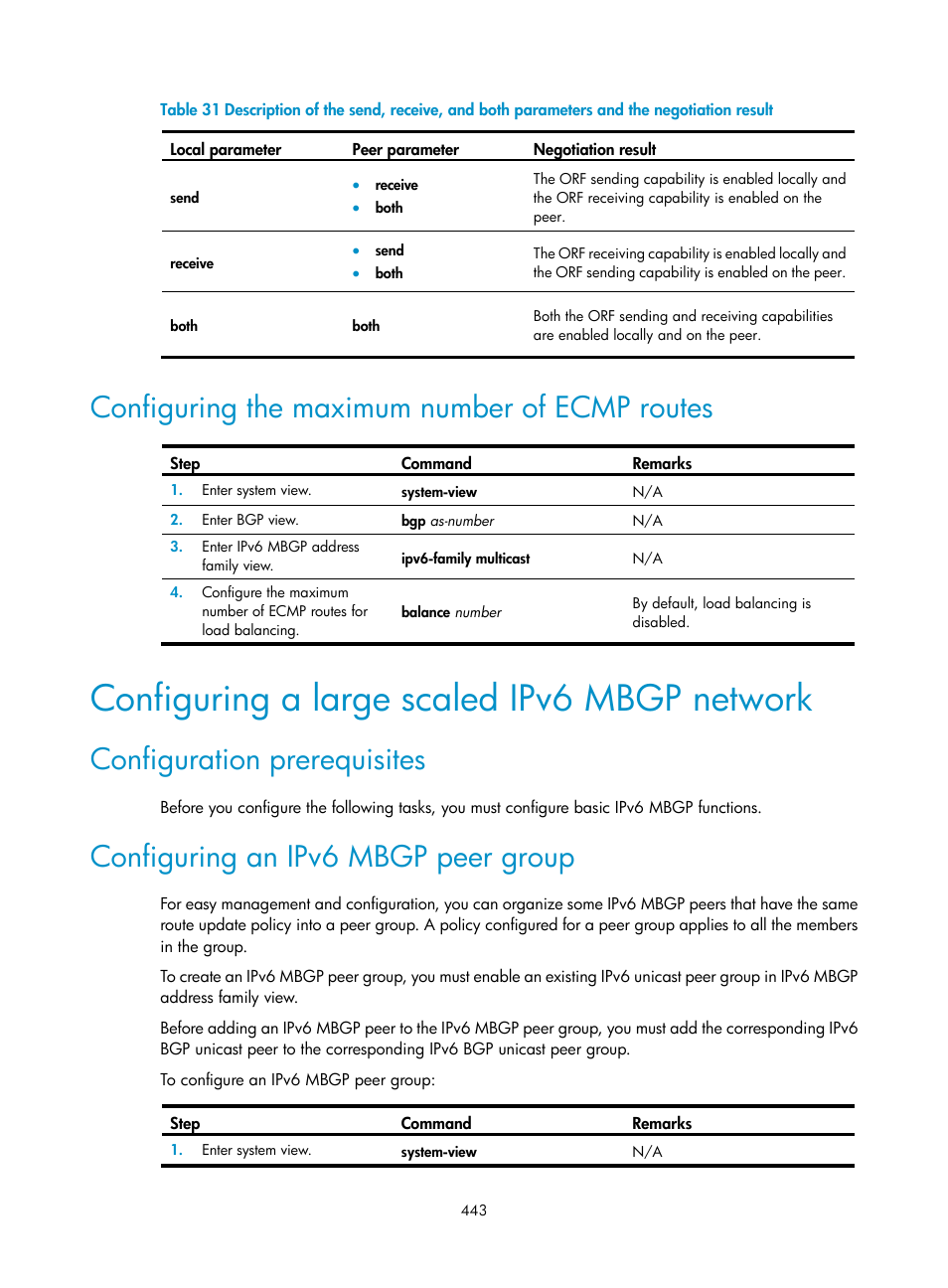 Configuring the maximum number of ecmp routes, Configuring a large scaled ipv6 mbgp network, Configuration prerequisites | Configuring an ipv6 mbgp peer group | H3C Technologies H3C S12500 Series Switches User Manual | Page 459 / 468