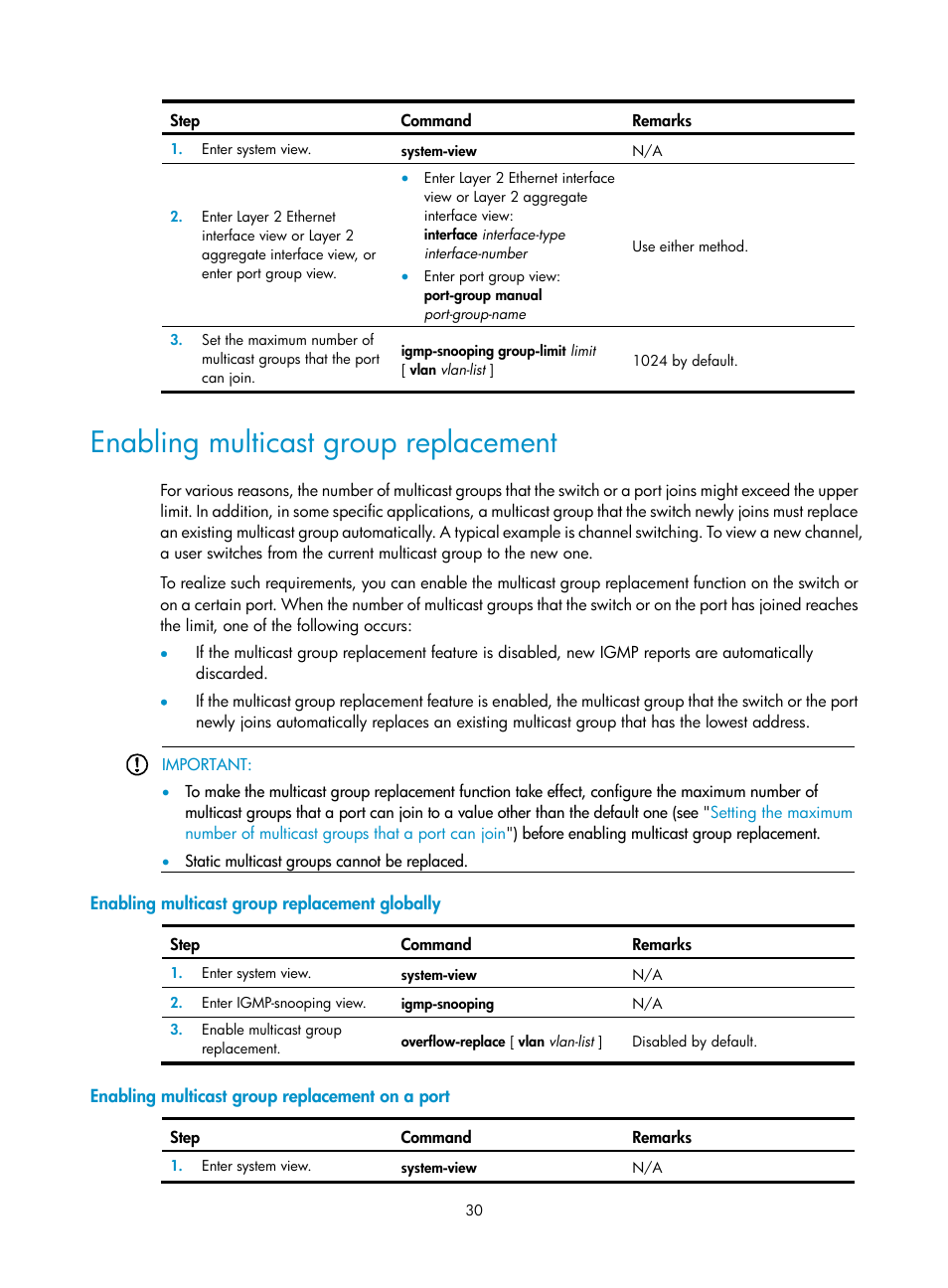 Enabling multicast group replacement, Enabling multicast group replacement globally, Enabling multicast group replacement on a port | H3C Technologies H3C S12500 Series Switches User Manual | Page 46 / 468