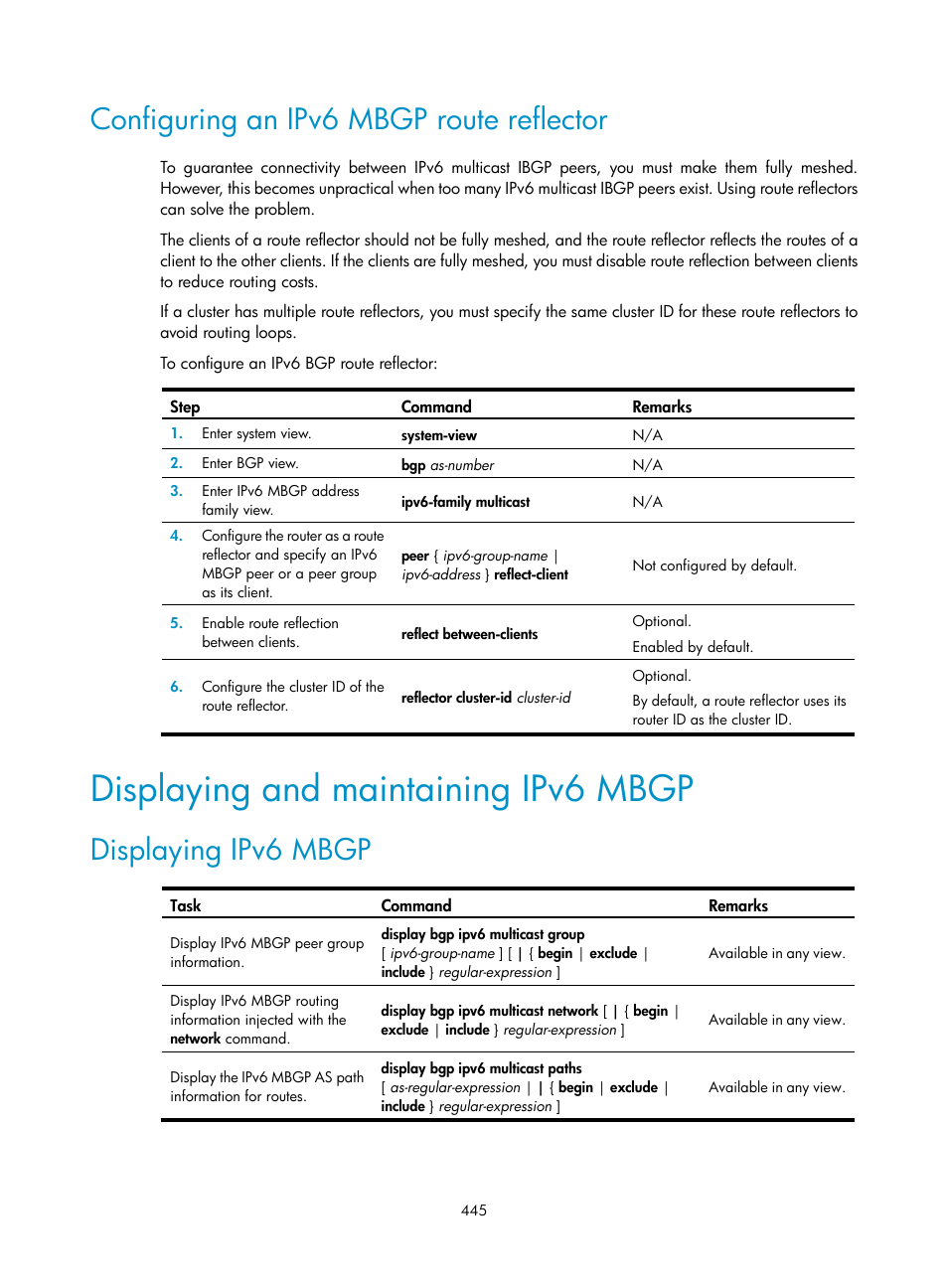 Configuring an ipv6 mbgp route reflector, Displaying and maintaining ipv6 mbgp, Displaying ipv6 mbgp | H3C Technologies H3C S12500 Series Switches User Manual | Page 461 / 468