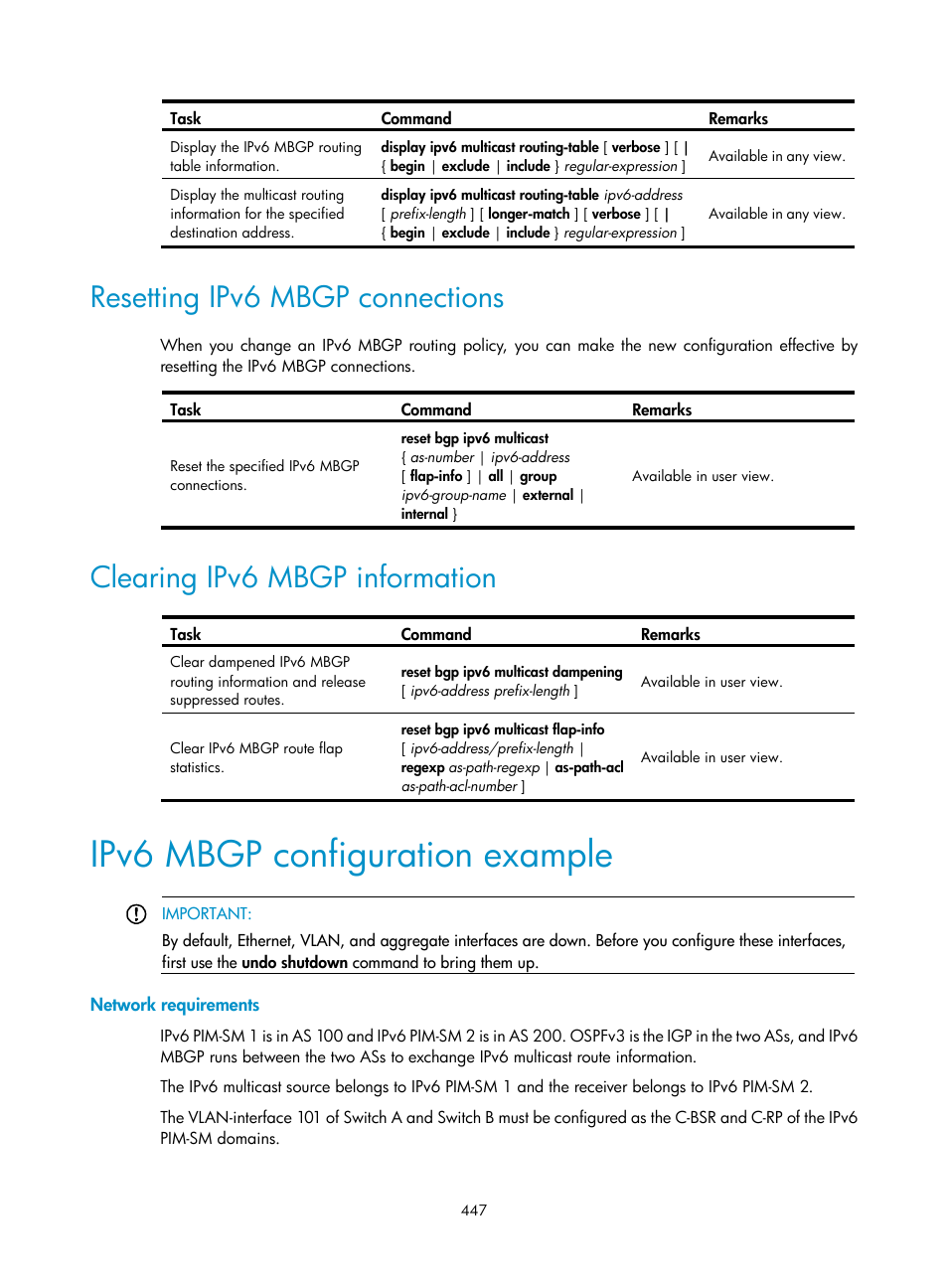 Resetting ipv6 mbgp connections, Clearing ipv6 mbgp information, Ipv6 mbgp configuration example | Network requirements | H3C Technologies H3C S12500 Series Switches User Manual | Page 463 / 468