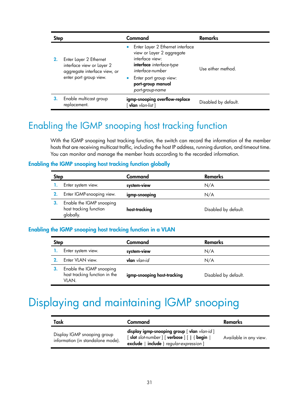 Enabling the igmp snooping host tracking function, Displaying and maintaining igmp snooping | H3C Technologies H3C S12500 Series Switches User Manual | Page 47 / 468