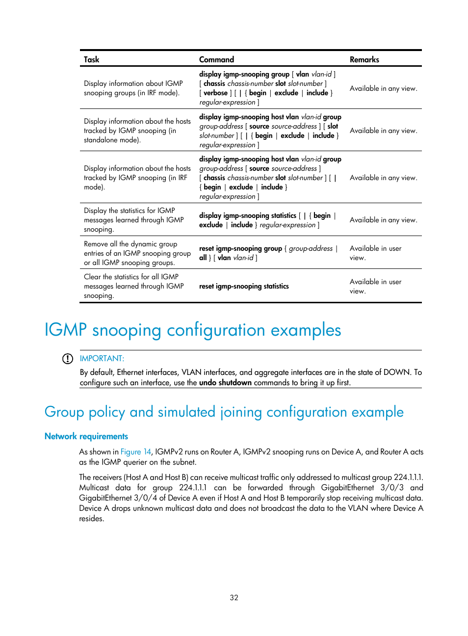 Igmp snooping configuration examples, Network requirements | H3C Technologies H3C S12500 Series Switches User Manual | Page 48 / 468