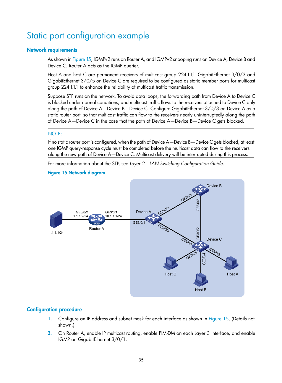 Static port configuration example, Network requirements, Configuration procedure | H3C Technologies H3C S12500 Series Switches User Manual | Page 51 / 468