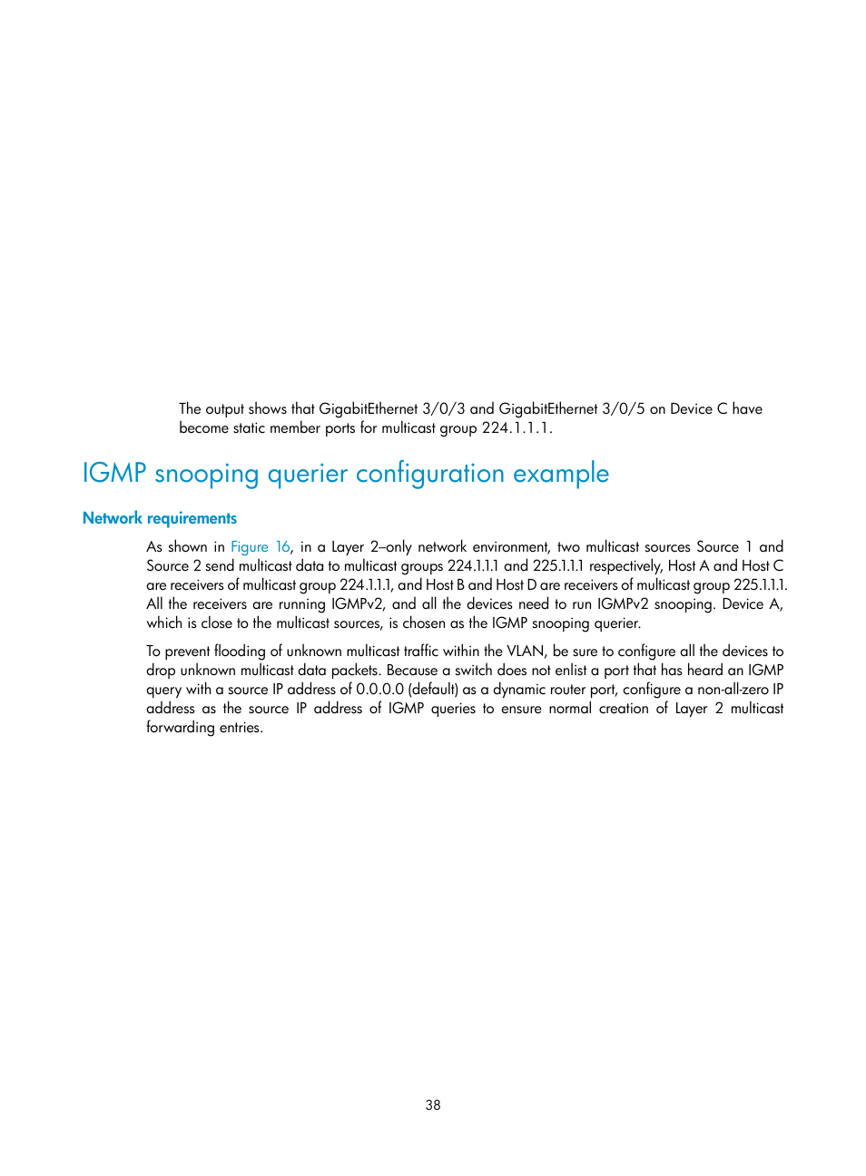 Igmp snooping querier configuration example, Network requirements | H3C Technologies H3C S12500 Series Switches User Manual | Page 54 / 468