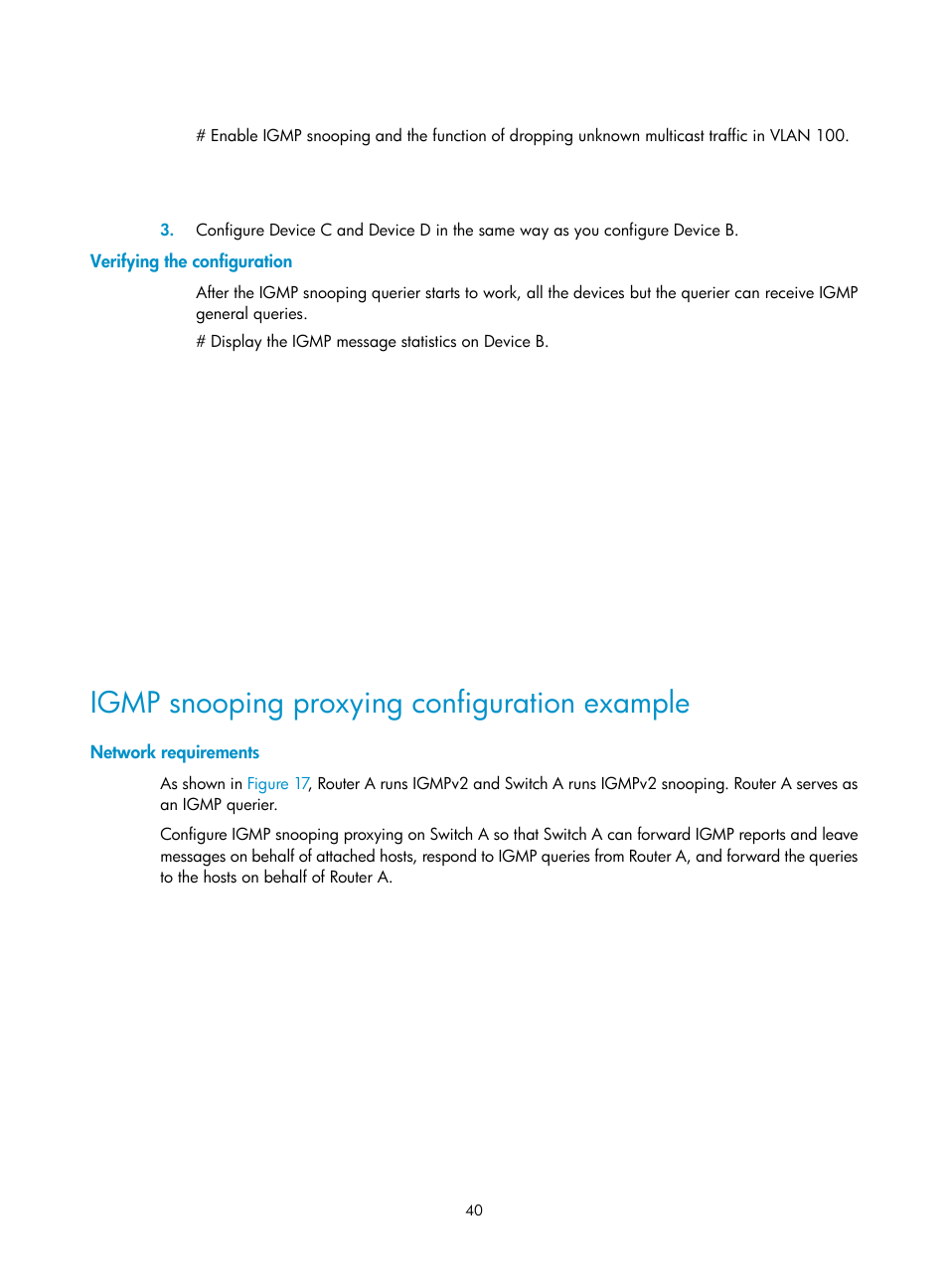 Verifying the configuration, Igmp snooping proxying configuration example, Network requirements | H3C Technologies H3C S12500 Series Switches User Manual | Page 56 / 468