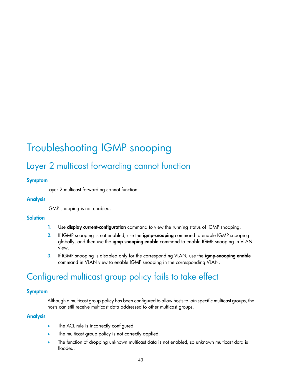 Troubleshooting igmp snooping, Layer 2 multicast forwarding cannot function, Symptom | Analysis, Solution | H3C Technologies H3C S12500 Series Switches User Manual | Page 59 / 468