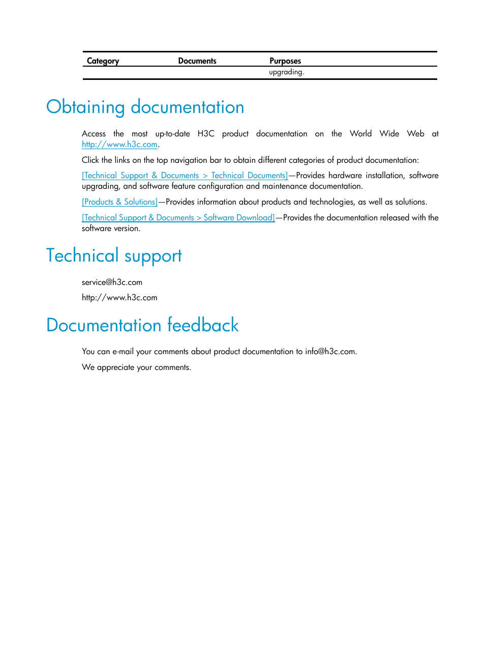 Obtaining documentation, Technical support, Documentation feedback | H3C Technologies H3C S12500 Series Switches User Manual | Page 6 / 468