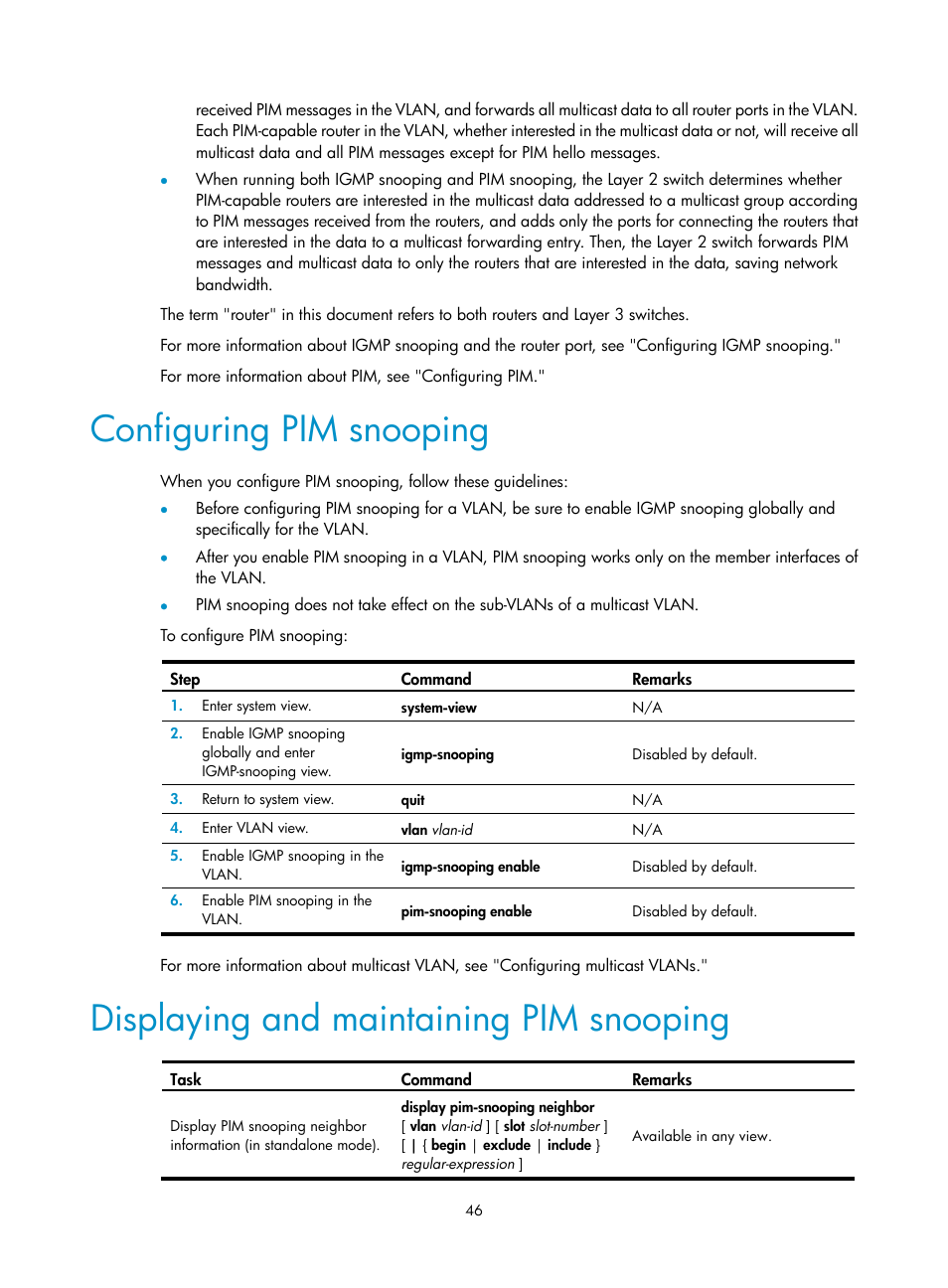 Configuring pim snooping, Displaying and maintaining pim snooping | H3C Technologies H3C S12500 Series Switches User Manual | Page 62 / 468