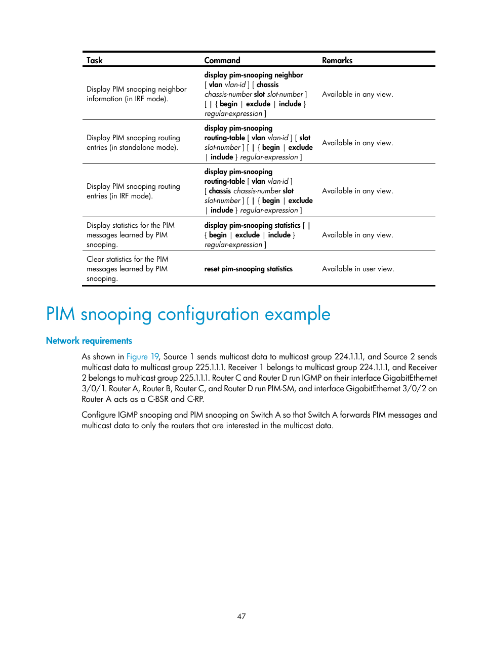 Pim snooping configuration example, Network requirements | H3C Technologies H3C S12500 Series Switches User Manual | Page 63 / 468