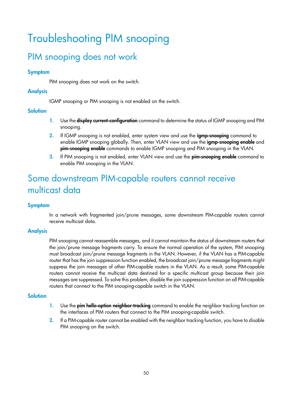 Troubleshooting pim snooping, Pim snooping does not work, Symptom | Analysis, Solution | H3C Technologies H3C S12500 Series Switches User Manual | Page 66 / 468