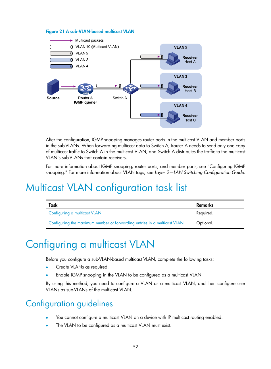 Multicast vlan configuration task list, Configuring a multicast vlan, Configuration guidelines | N in, Figure 21 | H3C Technologies H3C S12500 Series Switches User Manual | Page 68 / 468