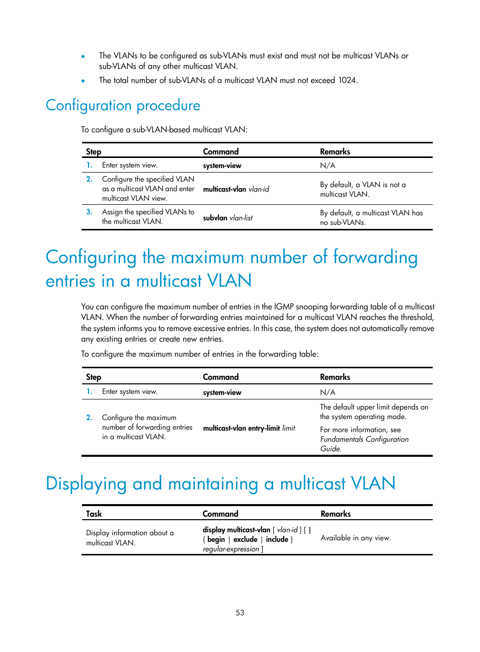 Configuration procedure, Displaying and maintaining a multicast vlan | H3C Technologies H3C S12500 Series Switches User Manual | Page 69 / 468