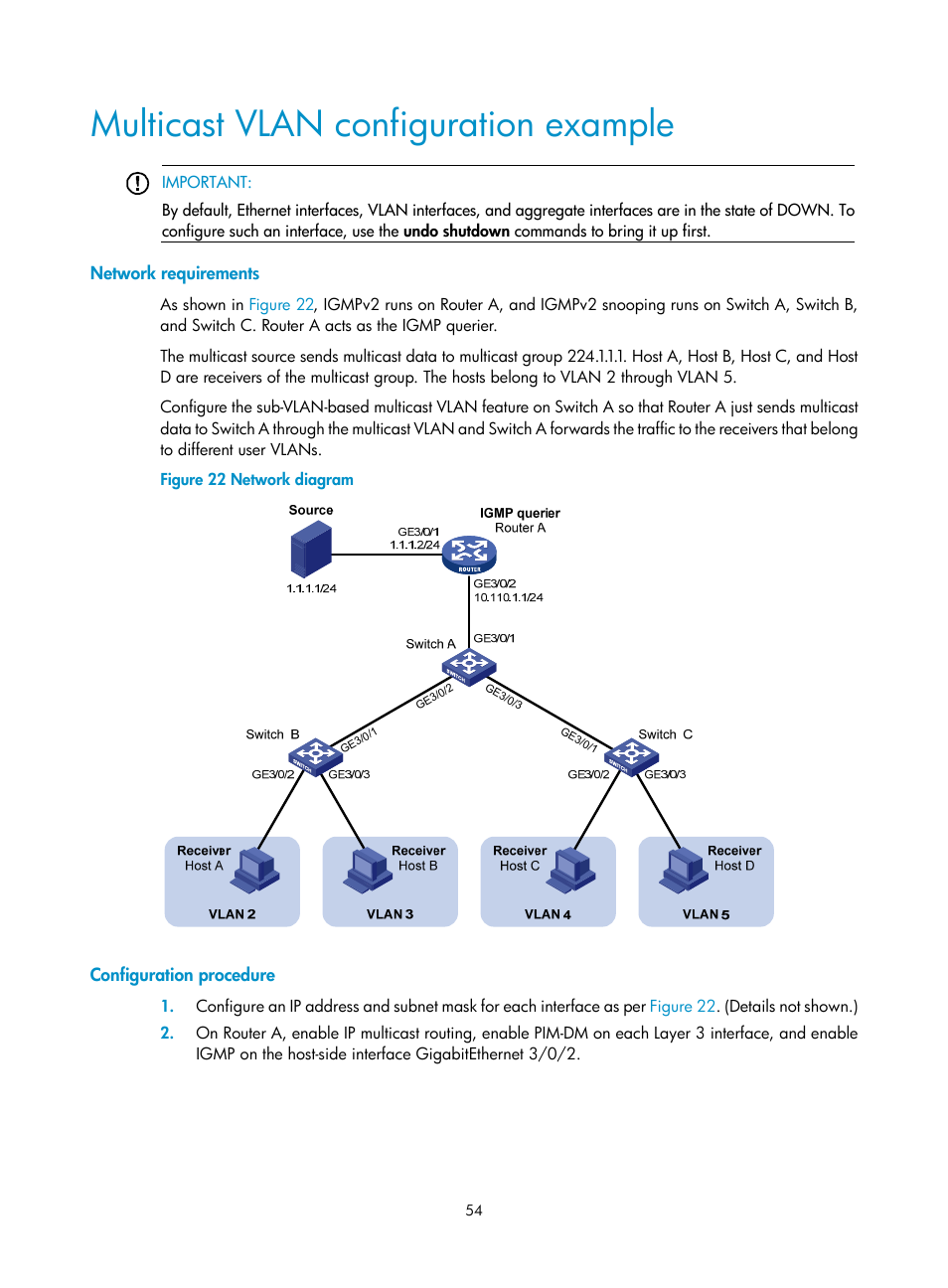 Multicast vlan configuration example, Network requirements, Configuration procedure | H3C Technologies H3C S12500 Series Switches User Manual | Page 70 / 468