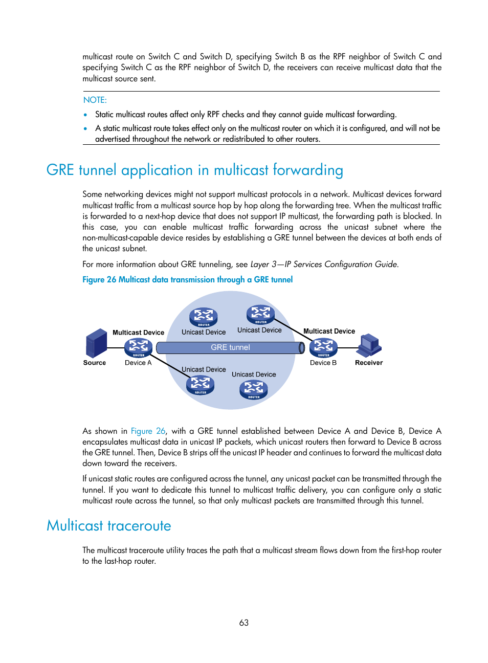 Gre tunnel application in multicast forwarding, Multicast traceroute | H3C Technologies H3C S12500 Series Switches User Manual | Page 79 / 468