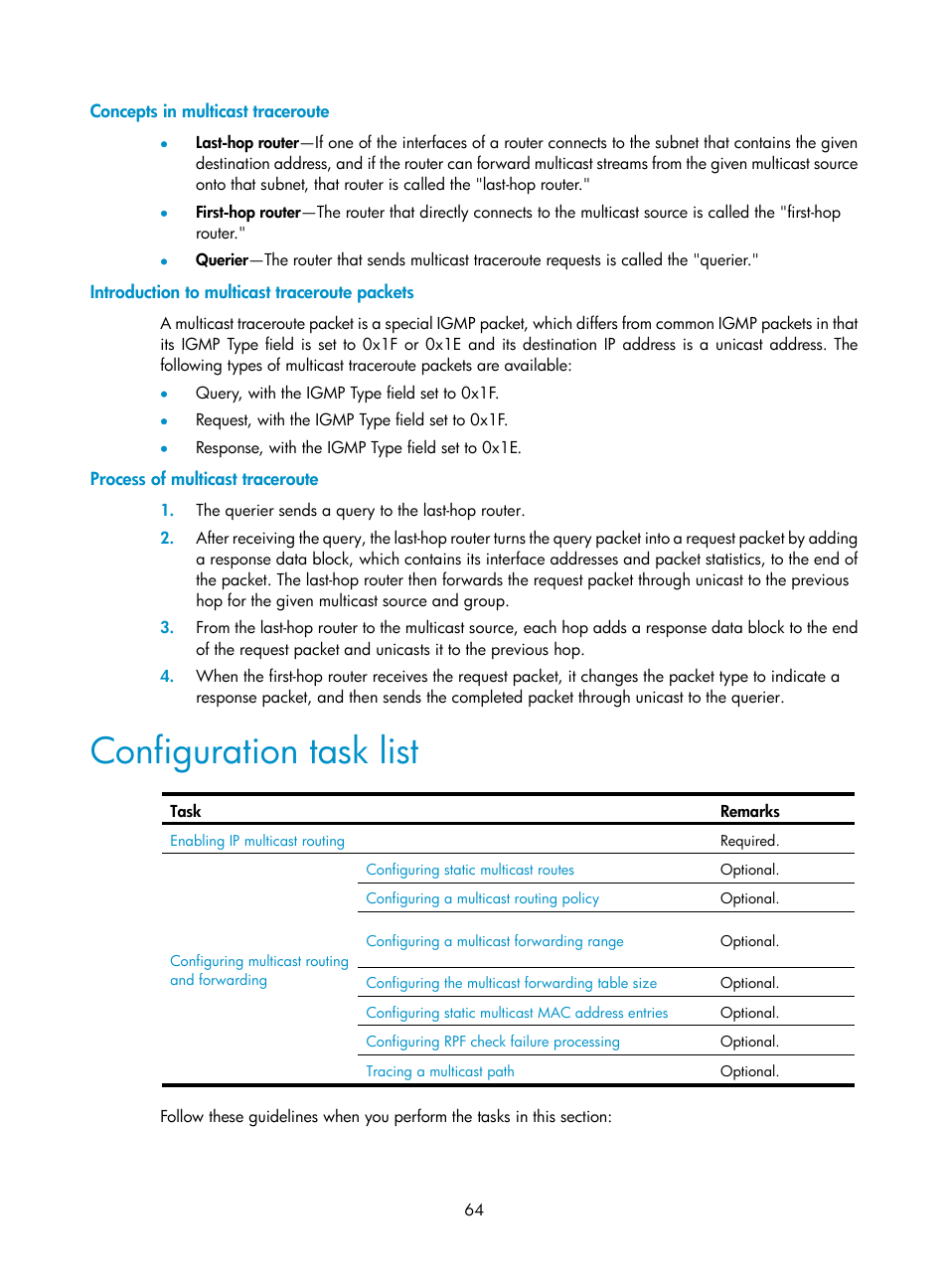 Concepts in multicast traceroute, Introduction to multicast traceroute packets, Process of multicast traceroute | Configuration task list | H3C Technologies H3C S12500 Series Switches User Manual | Page 80 / 468