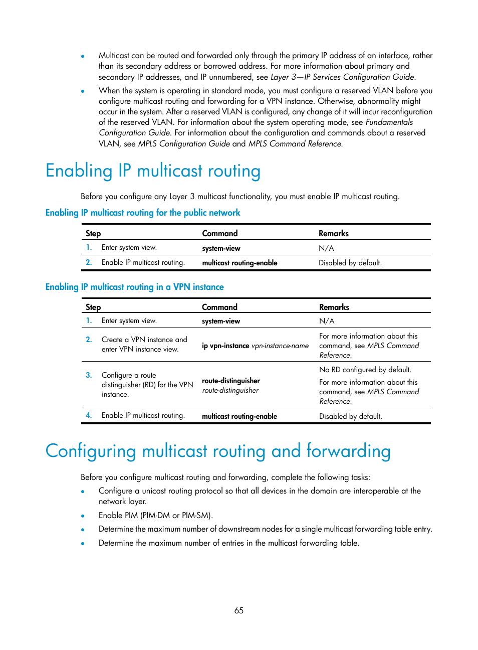 Enabling ip multicast routing, Enabling ip multicast routing in a vpn instance, Configuring multicast routing and forwarding | H3C Technologies H3C S12500 Series Switches User Manual | Page 81 / 468