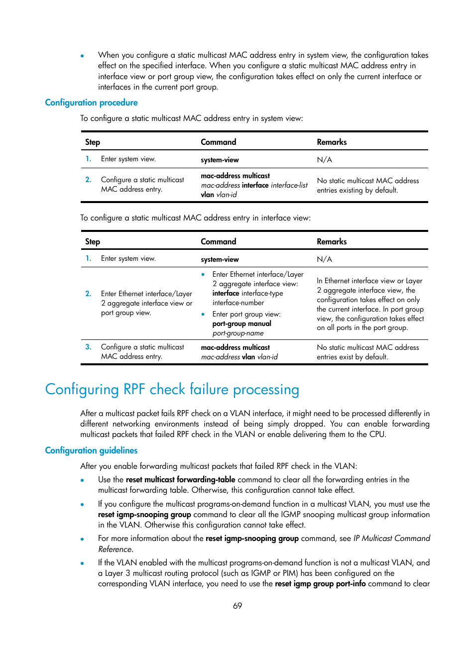 Configuration procedure, Configuring rpf check failure processing, Configuration guidelines | H3C Technologies H3C S12500 Series Switches User Manual | Page 85 / 468