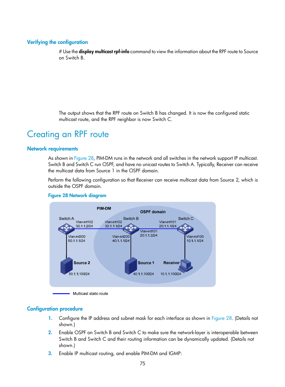 Verifying the configuration, Creating an rpf route, Network requirements | Configuration procedure | H3C Technologies H3C S12500 Series Switches User Manual | Page 91 / 468