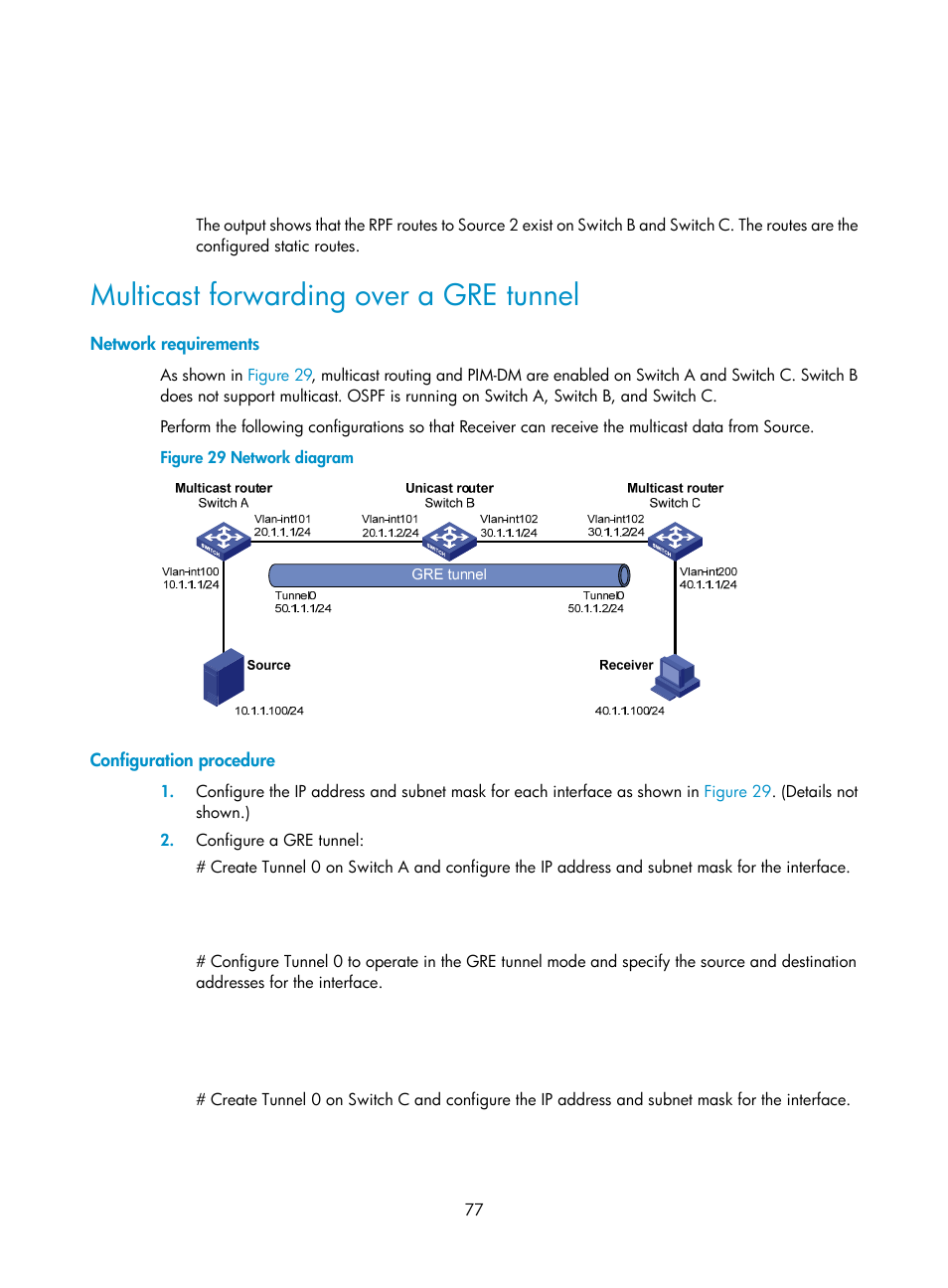 Multicast forwarding over a gre tunnel, Network requirements, Configuration procedure | H3C Technologies H3C S12500 Series Switches User Manual | Page 93 / 468