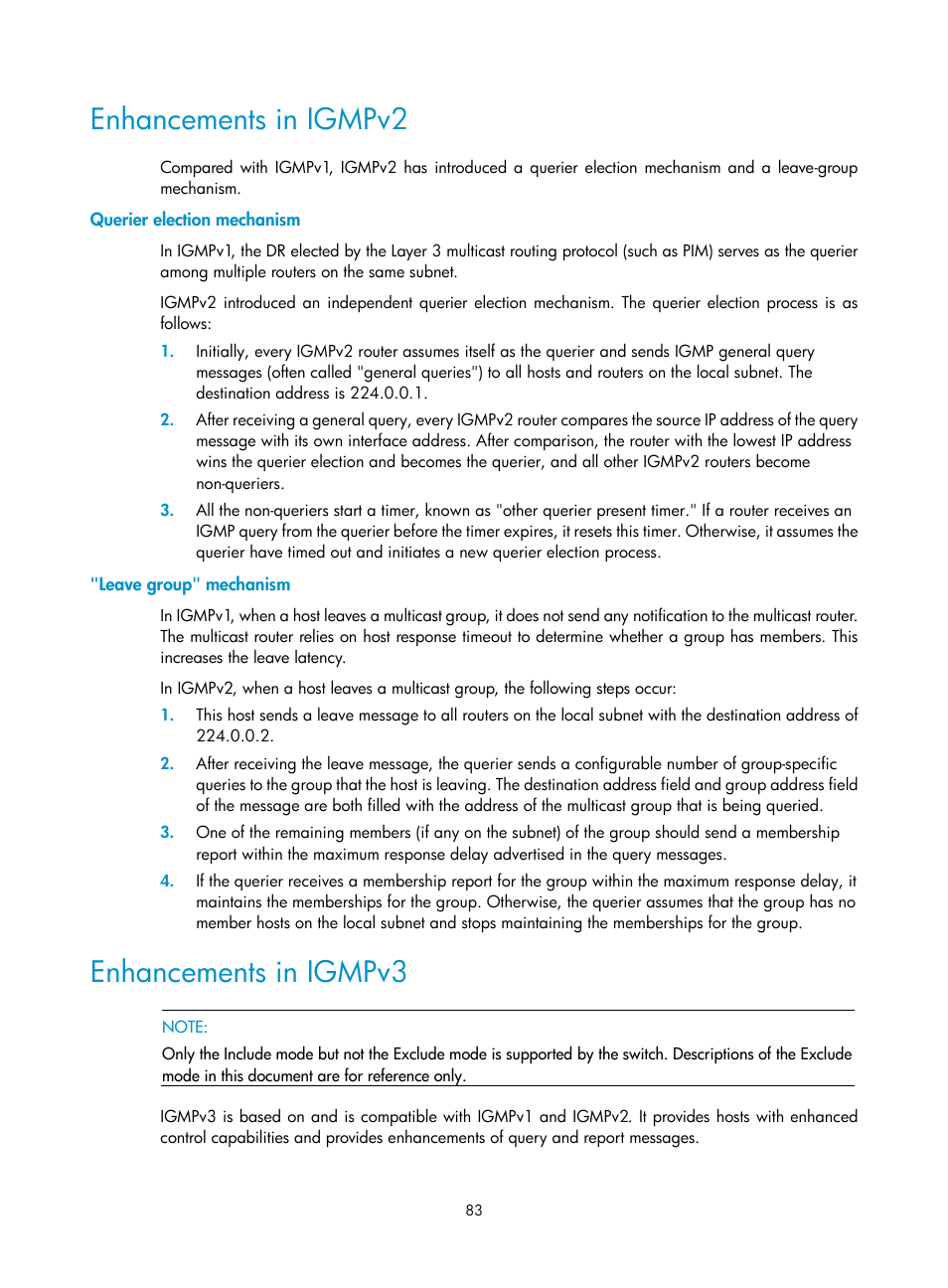 Enhancements in igmpv2, Querier election mechanism, Leave group" mechanism | Enhancements in igmpv3 | H3C Technologies H3C S12500 Series Switches User Manual | Page 99 / 468