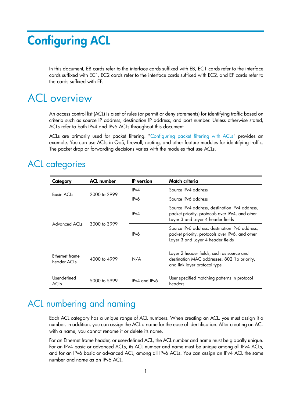 Configuring acl, Acl overview, Acl categories | Acl numbering and naming | H3C Technologies H3C S12500 Series Switches User Manual | Page 10 / 96