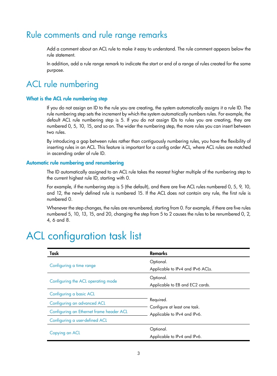 Rule comments and rule range remarks, Acl rule numbering, What is the acl rule numbering step | Automatic rule numbering and renumbering, Acl configuration task list | H3C Technologies H3C S12500 Series Switches User Manual | Page 12 / 96