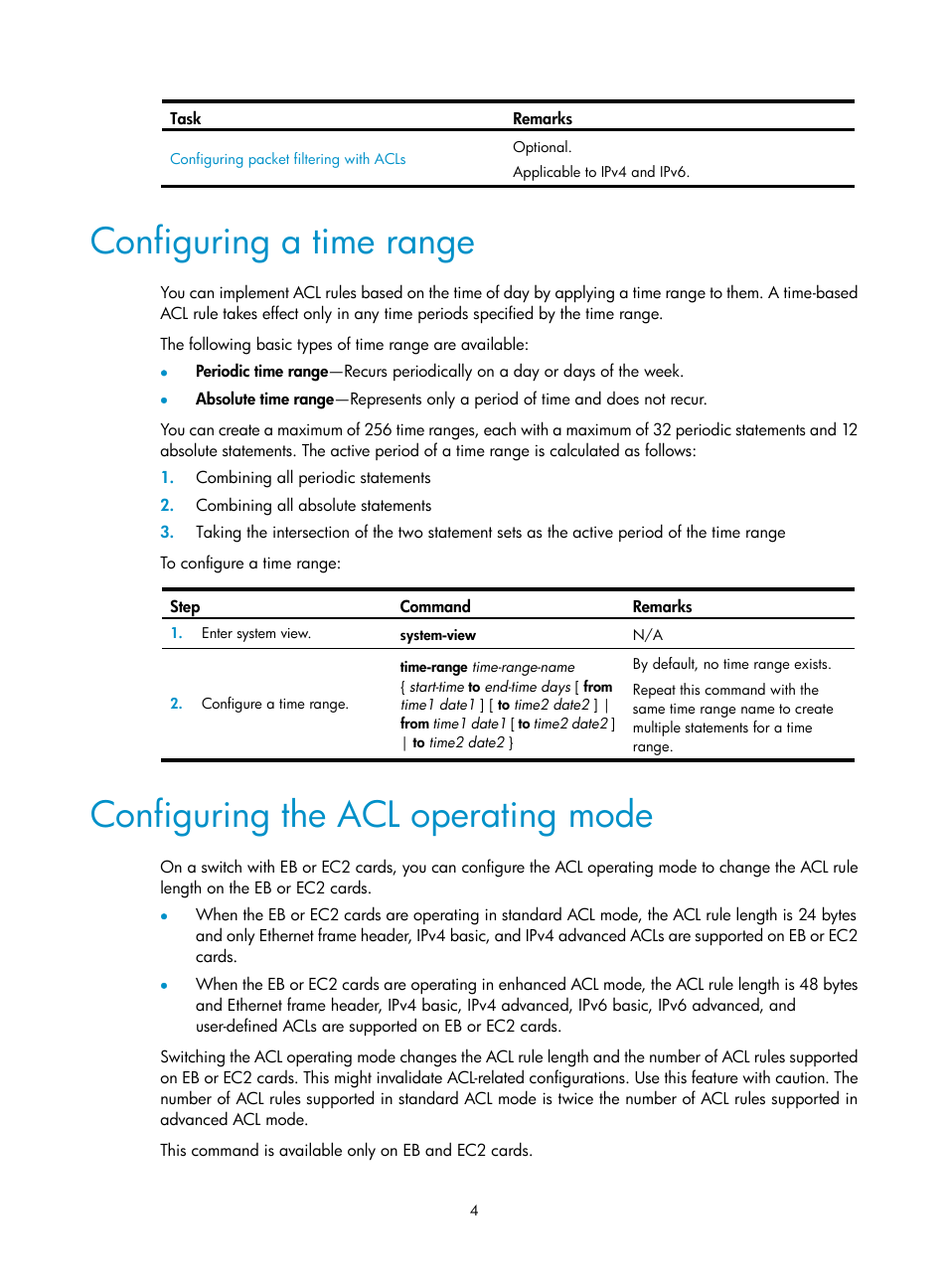 Configuring a time range, Configuring the acl operating mode | H3C Technologies H3C S12500 Series Switches User Manual | Page 13 / 96