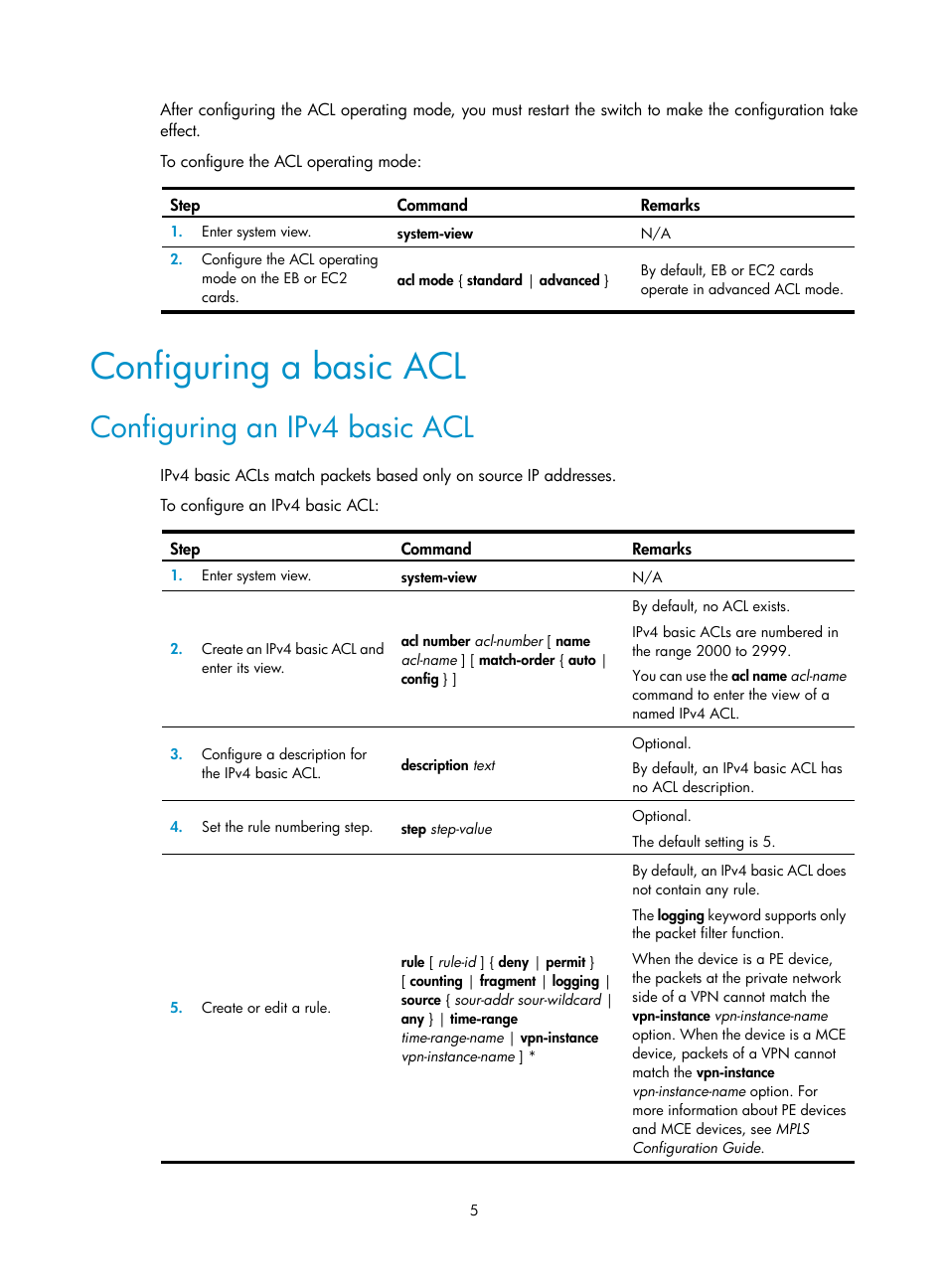 Configuring a basic acl, Configuring an ipv4 basic acl | H3C Technologies H3C S12500 Series Switches User Manual | Page 14 / 96