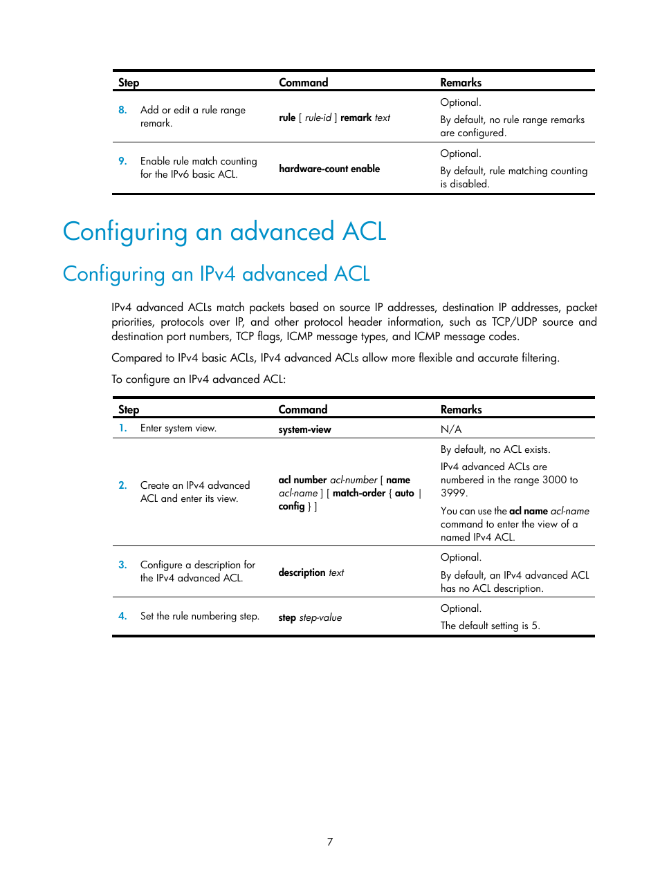 Configuring an advanced acl, Configuring an ipv4 advanced acl | H3C Technologies H3C S12500 Series Switches User Manual | Page 16 / 96