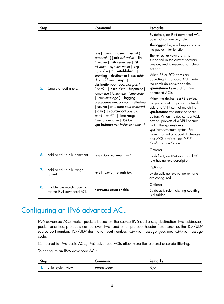 Configuring an ipv6 advanced acl | H3C Technologies H3C S12500 Series Switches User Manual | Page 17 / 96