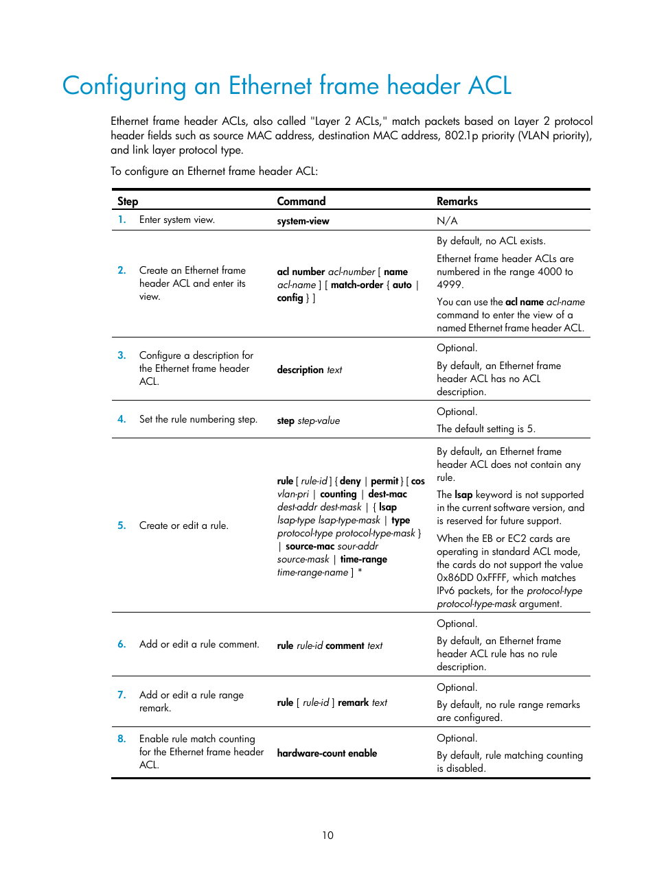 Configuring an ethernet frame header acl | H3C Technologies H3C S12500 Series Switches User Manual | Page 19 / 96