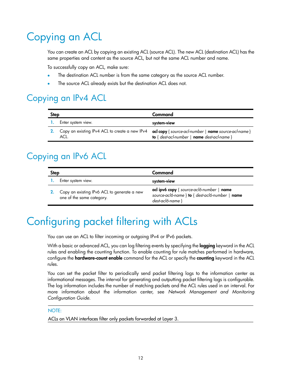 Copying an acl, Copying an ipv4 acl, Copying an ipv6 acl | Configuring packet filtering with acls | H3C Technologies H3C S12500 Series Switches User Manual | Page 21 / 96