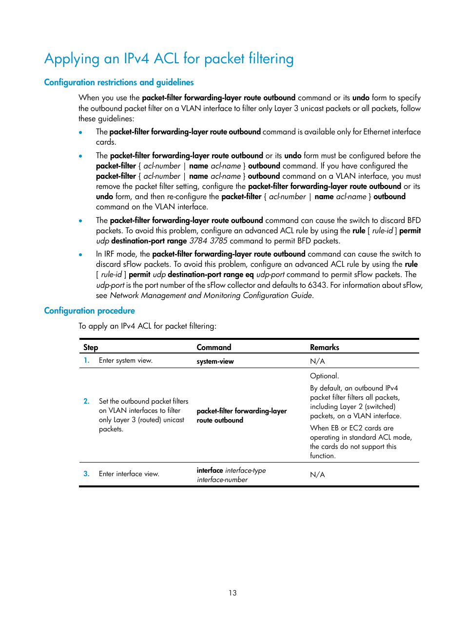 Applying an ipv4 acl for packet filtering, Configuration restrictions and guidelines, Configuration procedure | H3C Technologies H3C S12500 Series Switches User Manual | Page 22 / 96