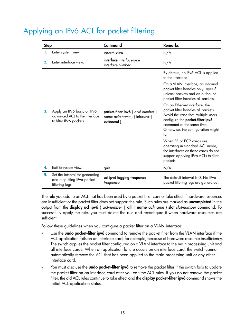 Applying an ipv6 acl for packet filtering | H3C Technologies H3C S12500 Series Switches User Manual | Page 24 / 96