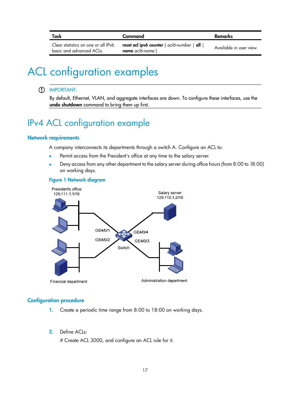Acl configuration examples, Ipv4 acl configuration example, Network requirements | Configuration procedure | H3C Technologies H3C S12500 Series Switches User Manual | Page 26 / 96