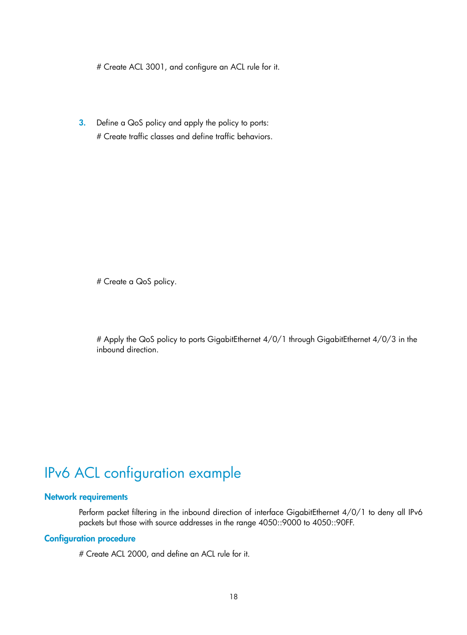 Ipv6 acl configuration example, Network requirements, Configuration procedure | H3C Technologies H3C S12500 Series Switches User Manual | Page 27 / 96