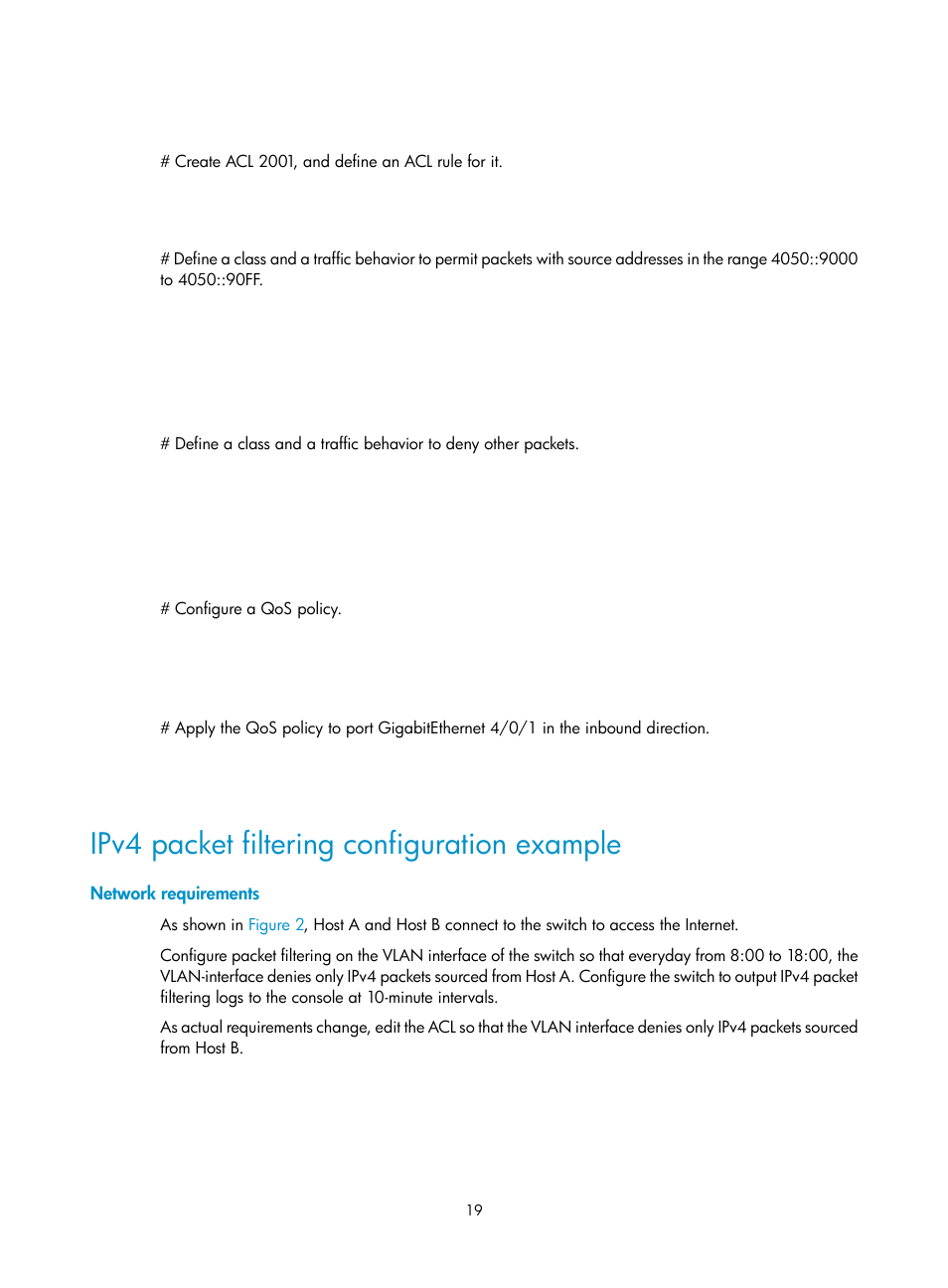 Ipv4 packet filtering configuration example, Network requirements | H3C Technologies H3C S12500 Series Switches User Manual | Page 28 / 96