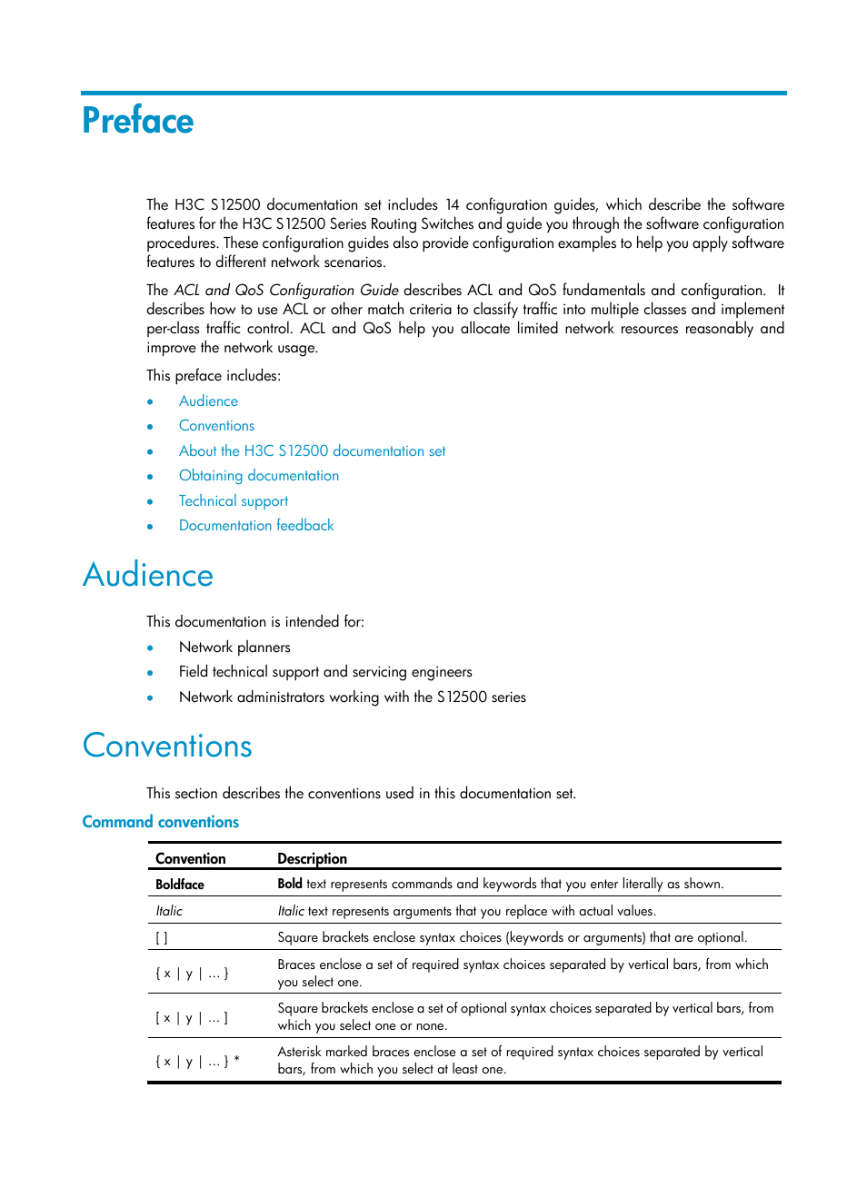 Preface, Audience, Conventions | Command conventions | H3C Technologies H3C S12500 Series Switches User Manual | Page 3 / 96