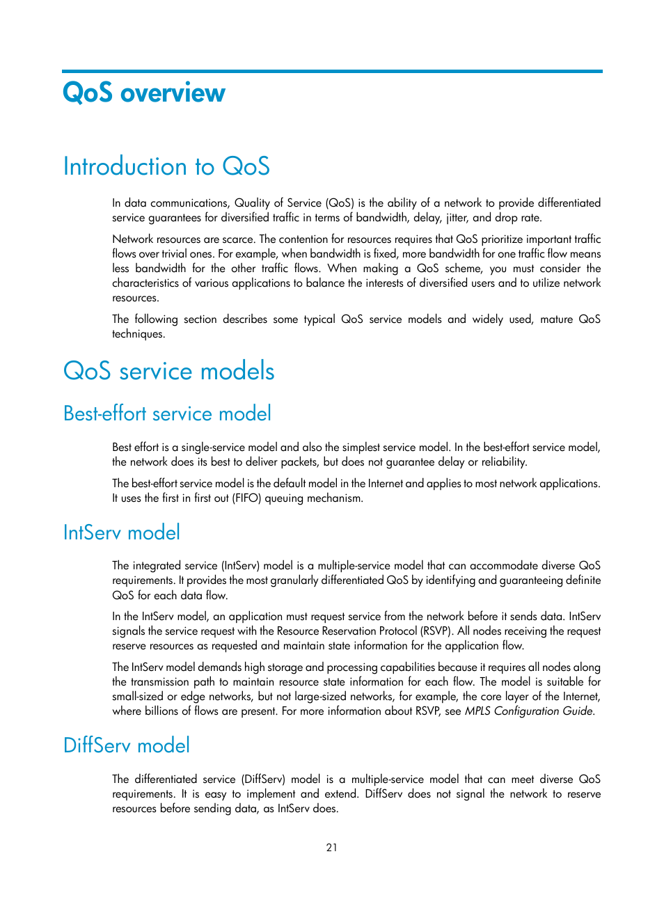 Qos overview, Introduction to qos, Qos service models | Best-effort service model, Intserv model, Diffserv model | H3C Technologies H3C S12500 Series Switches User Manual | Page 30 / 96