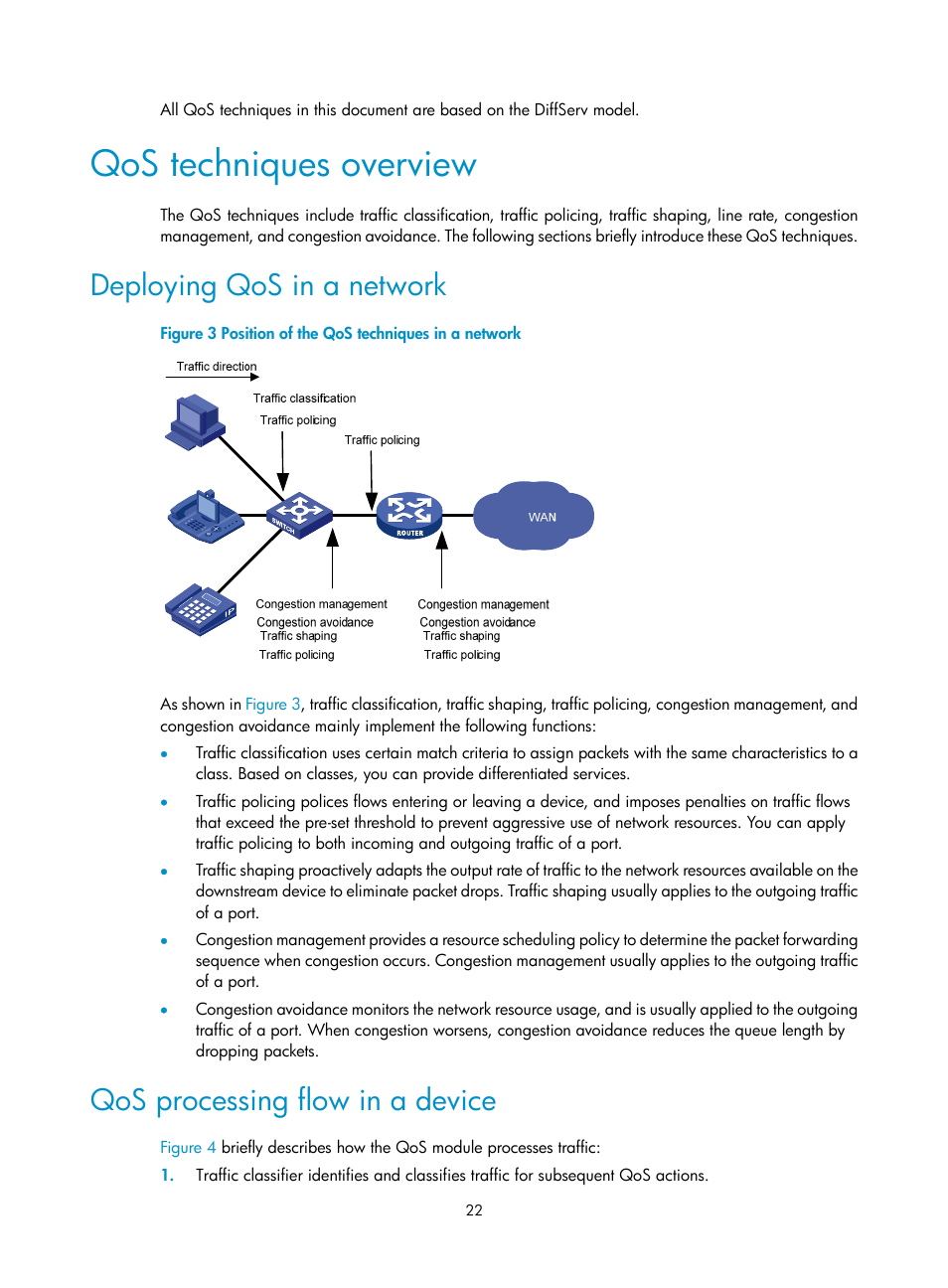 Qos techniques overview, Deploying qos in a network, Qos processing flow in a device | H3C Technologies H3C S12500 Series Switches User Manual | Page 31 / 96