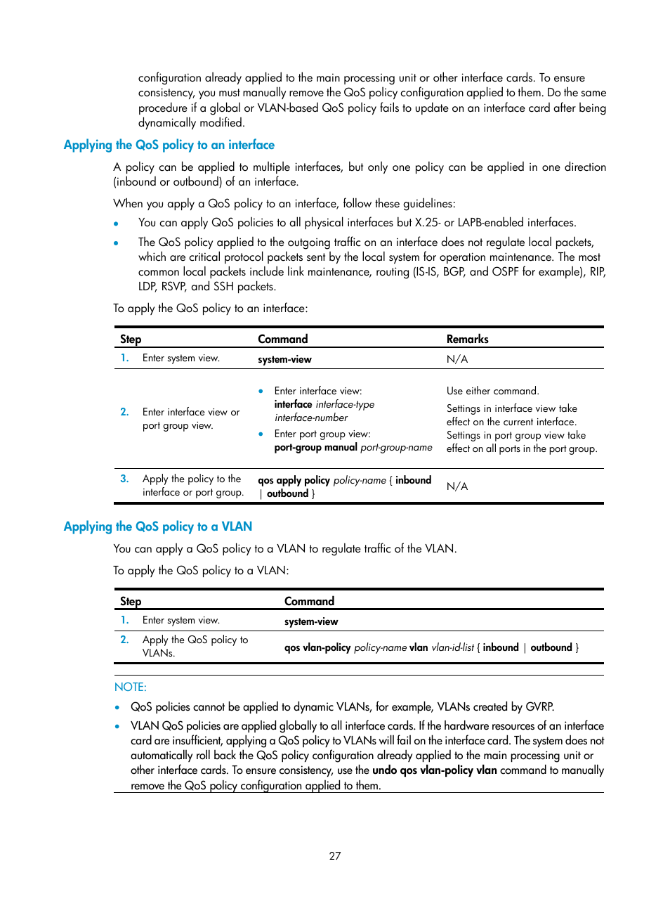 Applying the qos policy to an interface, Applying the qos policy to a vlan | H3C Technologies H3C S12500 Series Switches User Manual | Page 36 / 96