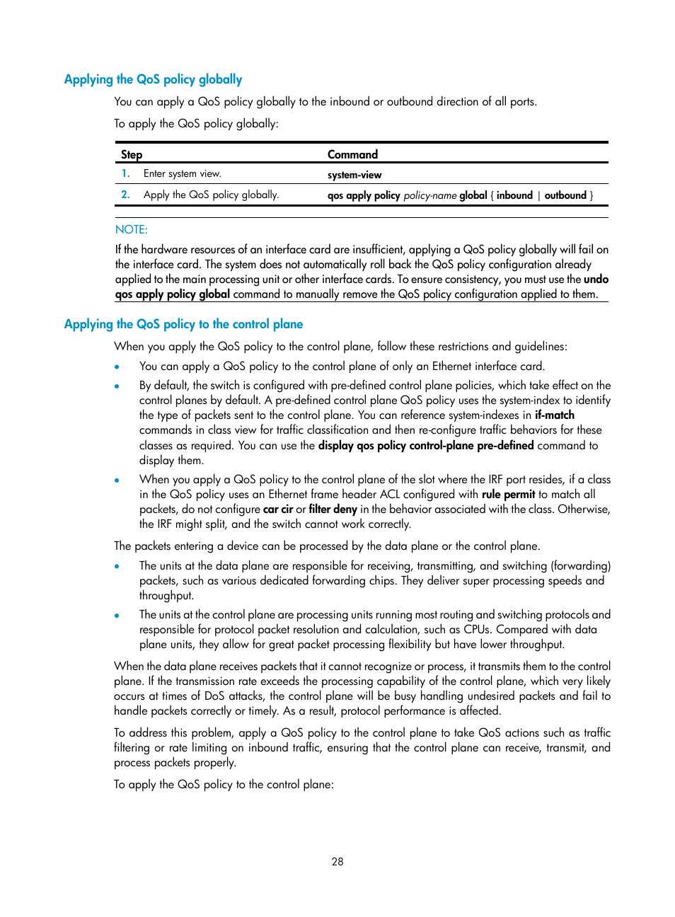 Applying the qos policy globally, Applying the qos policy to the control plane | H3C Technologies H3C S12500 Series Switches User Manual | Page 37 / 96