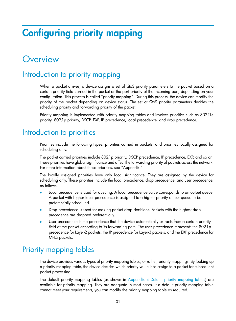 Configuring priority mapping, Overview, Introduction to priority mapping | Introduction to priorities, Priority mapping tables | H3C Technologies H3C S12500 Series Switches User Manual | Page 40 / 96