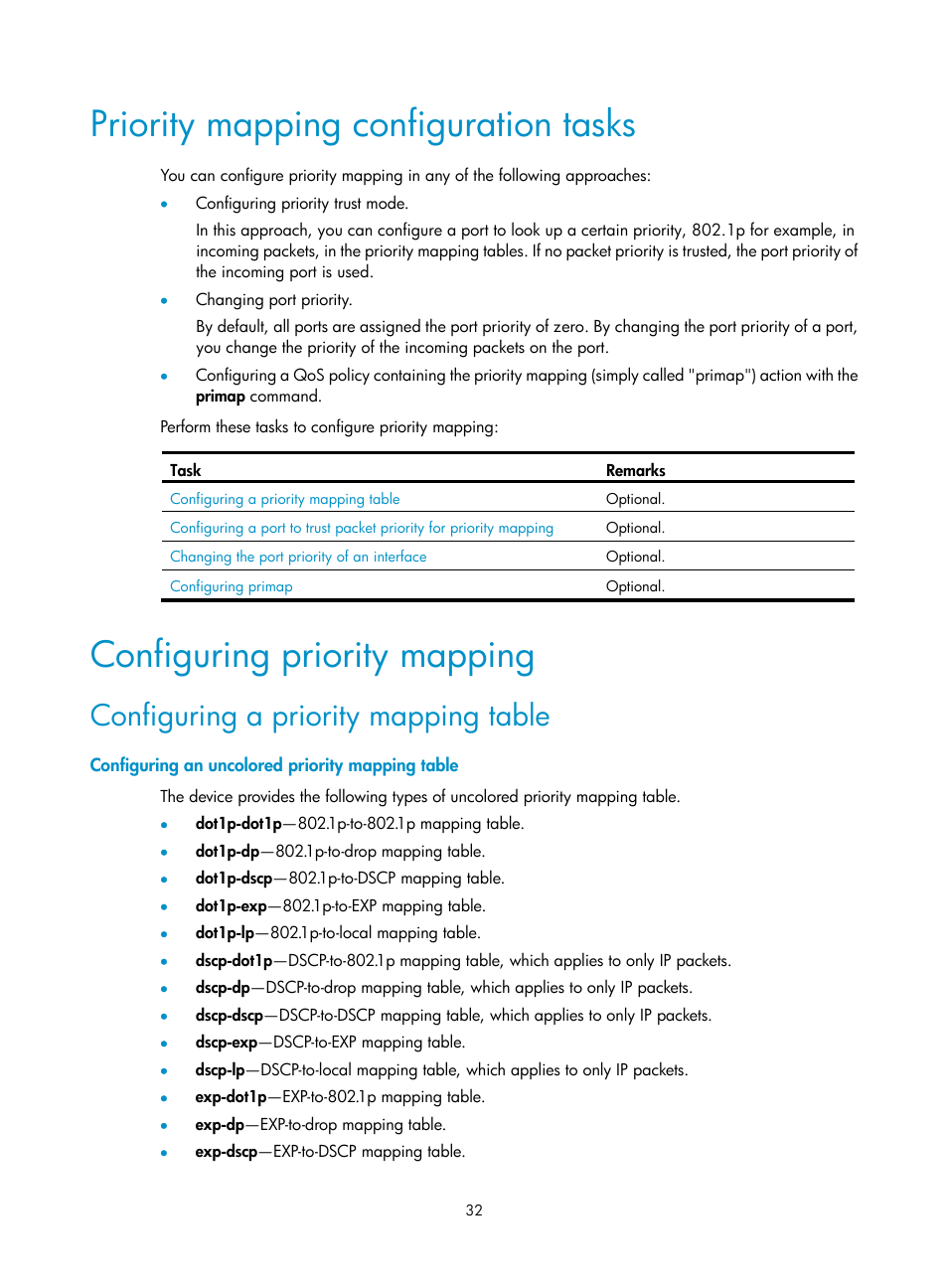 Priority mapping configuration tasks, Configuring priority mapping, Configuring a priority mapping table | Configuring an uncolored priority mapping table | H3C Technologies H3C S12500 Series Switches User Manual | Page 41 / 96