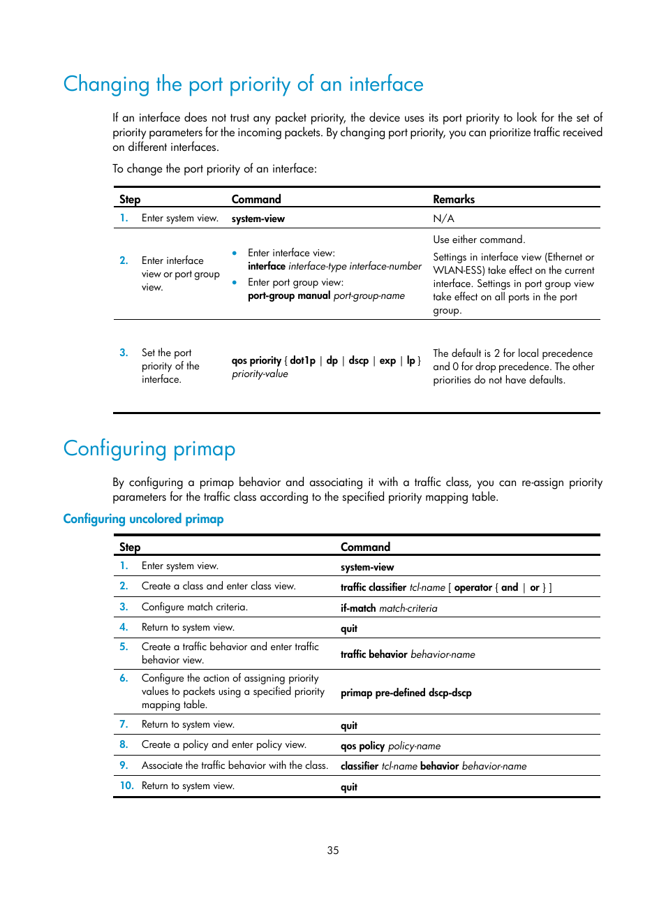 Changing the port priority of an interface, Configuring primap, Configuring uncolored primap | H3C Technologies H3C S12500 Series Switches User Manual | Page 44 / 96